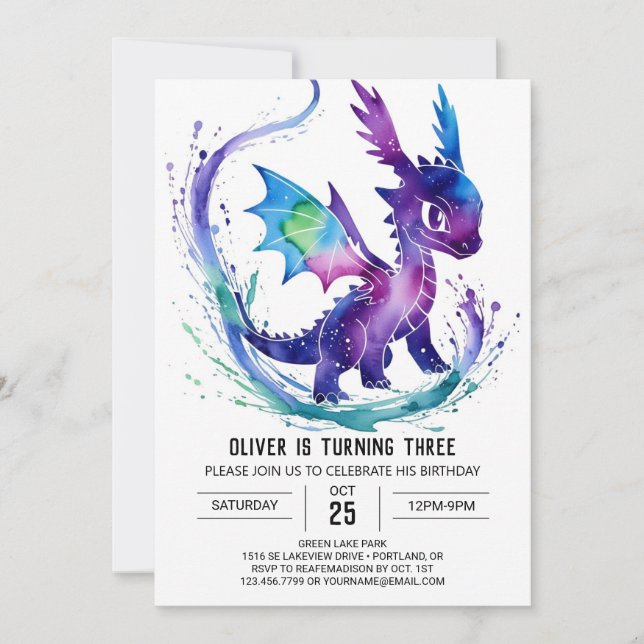 Watercolor Cute Dragon Digital Boy Birthday Inbjudningar (Framsida)