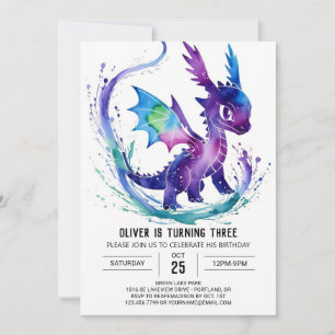 Watercolor Cute Dragon Digital Boy Birthday Inbjudningar