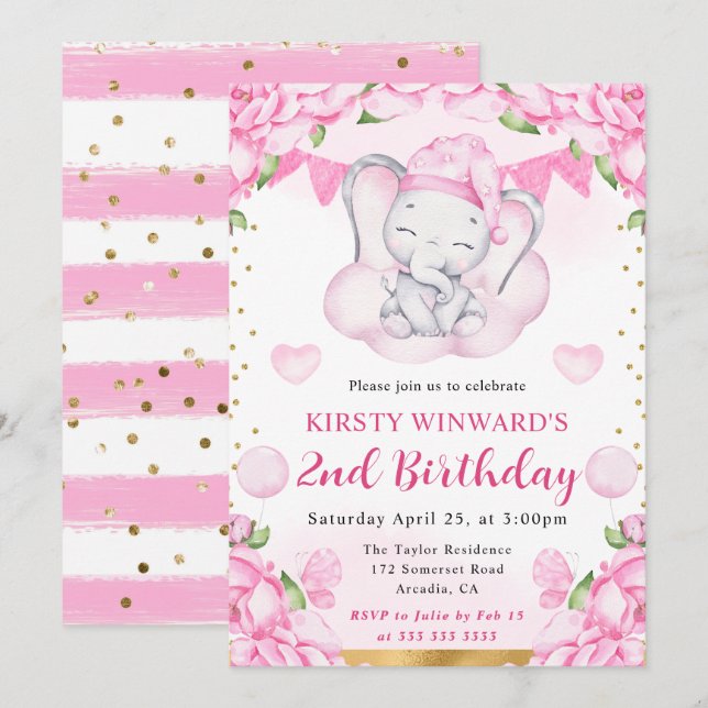 Watercolor Cute Elephant och Rosa ros Birthday Inbjudningar (Fram/baksida)