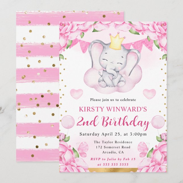 Watercolor Cute Elephant och Rosa ros Birthday Inbjudningar (Fram/baksida)