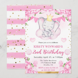 Watercolor Cute Elephant och Rosa ros Birthday Inbjudningar