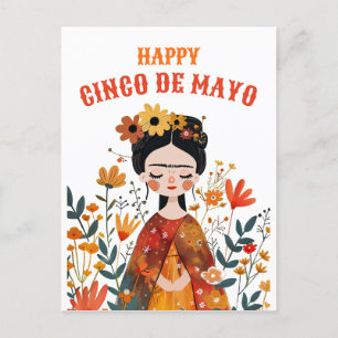 Watercolor Cute Frida Kahlo Lycklig Cinco de Mayo Vykort