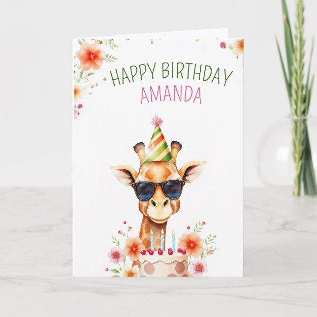 Watercolor Cute Giraffe med Party Hat Birthday Kort (Framsida)