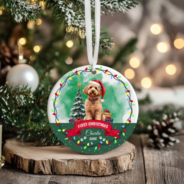 Watercolor Cute Goldendoodle Hund Julpett Julgransprydnad Keramik (zazzle watercolor cute poodle dog christmas ornament)