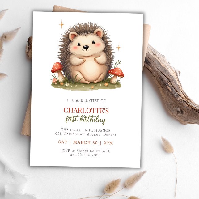 Watercolor Cute Hedgehog Mushroom Födelsedagsfest Inbjudningar (Watercolor Cute Hedgehog Mushroom Birthday Party Invitation)