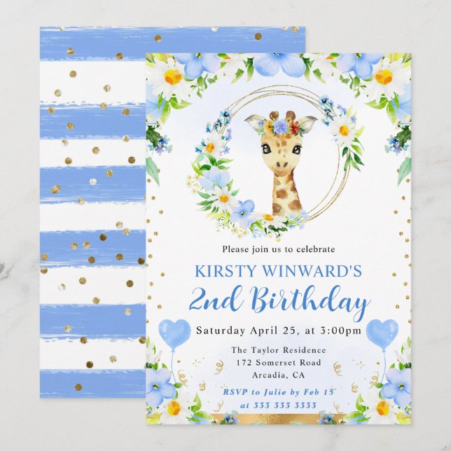 Watercolor Cute Jungle Giraffe Barns födelsedag Inbjudningar (Fram/baksida)