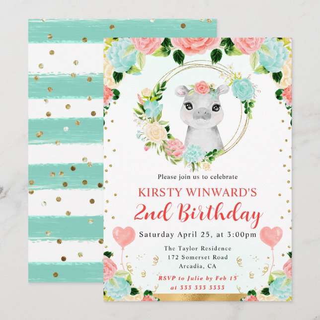 Watercolor Cute Jungle Hippo Barns födelsedag Inbjudningar (Fram/baksida)
