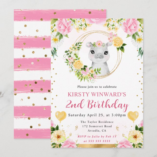 Watercolor Cute Jungle Hippo Barns födelsedag Inbjudningar (Fram/baksida)