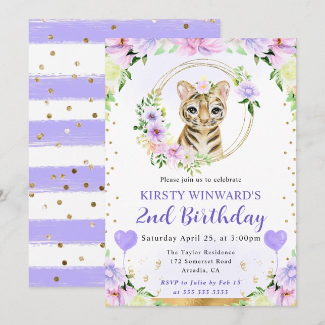 Watercolor Cute Jungle Tiger Barns födelsedag Inbjudningar (Fram/baksida)