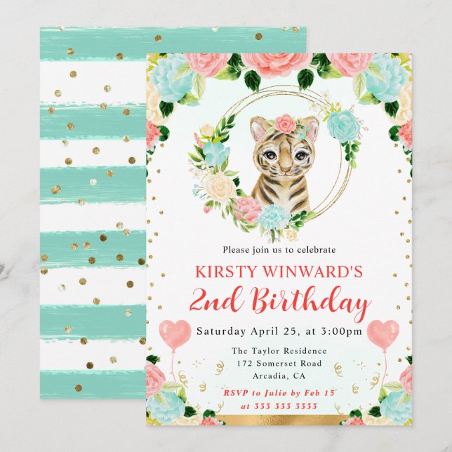 Watercolor Cute Jungle Tiger Barns födelsedag Inbjudningar (Fram/baksida)