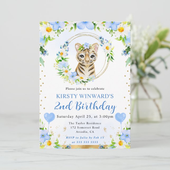 Watercolor Cute Jungle Tiger Barns födelsedag Inbjudningar (Stående Fram)