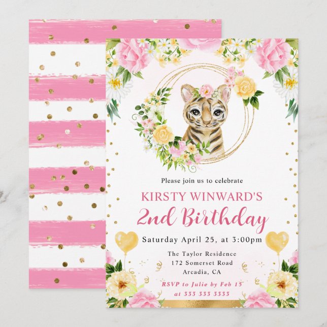 Watercolor Cute Jungle Tiger Barns födelsedag Inbjudningar (Fram/baksida)