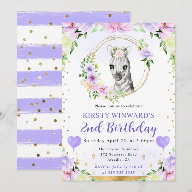 Watercolor Cute Jungle Zebra Barns födelsedag Inbjudningar (Fram/baksida)