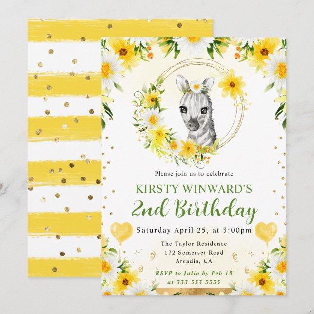 Watercolor Cute Jungle Zebra Barns födelsedag Inbjudningar (Fram/baksida)