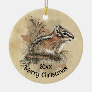 Watercolor Cute Little Chipmunk Animal Wildlife Julgransprydnad Keramik