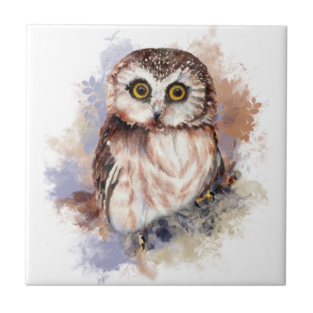Watercolor Cute Little Saw Whet Uggla Bird Kakelplatta (Framsidan)