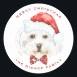 Watercolor Cute Maltese Santa God jul Runt Klistermärke<br><div class="desc">God jul | Lägg till en festlig accent till dina gåvor och kuvert med anpassadet Juldekal. Den har en vattenfärg på maltesisk hund som äter en buckslips och julhatt. Anpassa genom att lägga till egna detaljer. Den här anpassningsbarna kommer hund julklister att bli perfekt som en julklapp. Matchande objekt är...</div>