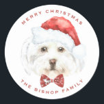 Watercolor Cute Maltese Santa God jul Runt Klistermärke<br><div class="desc">God jul | Lägg till en festlig accent till dina gåvor och kuvert med anpassadet Juldekal. Den har en vattenfärg på maltesisk hund som äter en buckslips och julhatt. Anpassa genom att lägga till egna detaljer. Den här anpassningsbarna kommer hund julklister att bli perfekt som en julklapp. Matchande objekt är...</div>