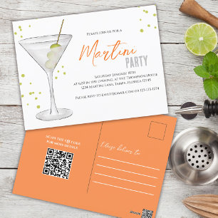 Watercolor Cute Martini Party Whimsical QR-kod Vykort