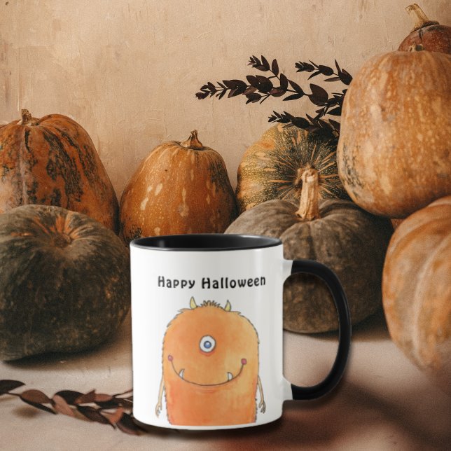 Watercolor Cute Monster Happy halloween Mugg (Happy Halloween Mug with watercolor cute orange  monster design)