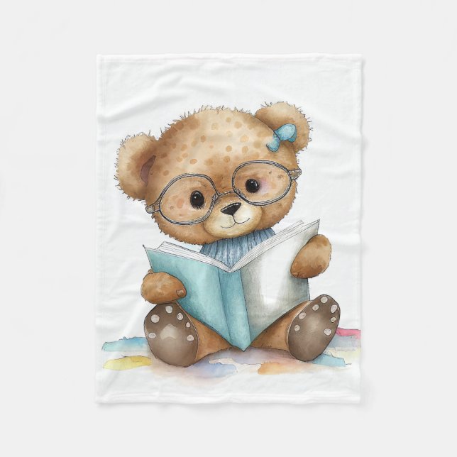 Watercolor Cute Nalle Reading Bokar Bibliotek Fleecefilt (Framsidan)