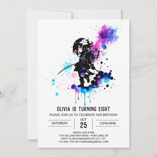 Watercolor Cute Ninja Digital Girl Birthday Inbjudningar (Framsida)