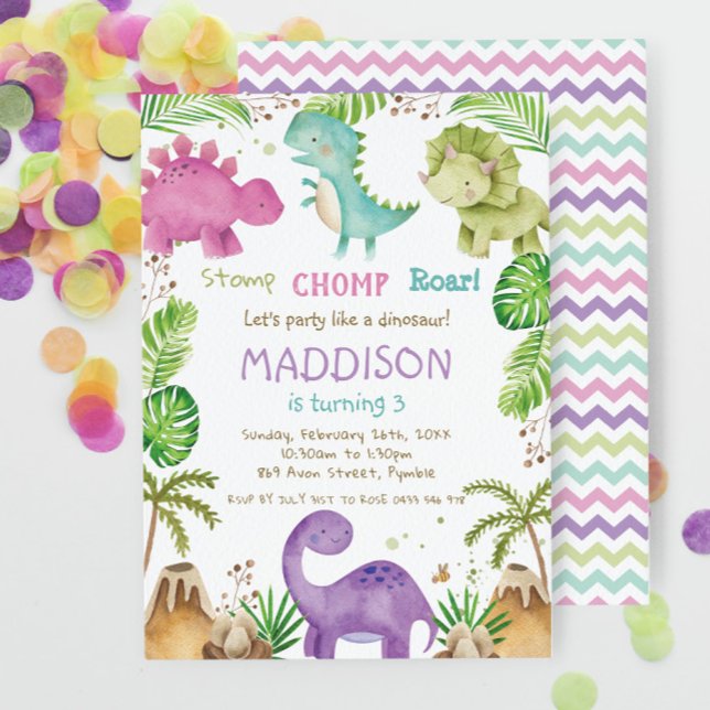 Watercolor Cute Pastel Dinosaurs Greenery Girl Inbjudningar (Skapare uppladdad)