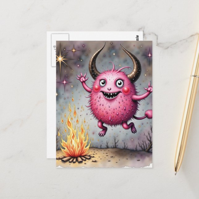 Watercolor Cute Pink Monster and a Campfire Vykort (Fram/Back In Situ)