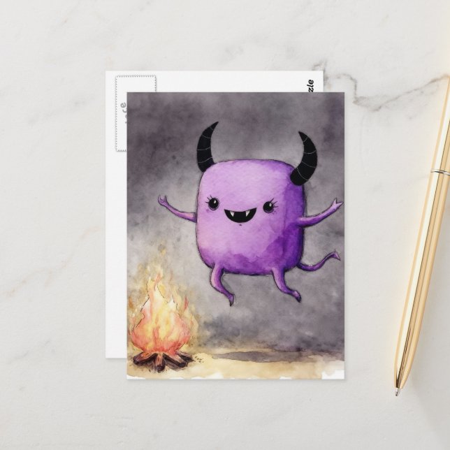 Watercolor Cute Purple Monster and a Campfire Vykort (Fram/Back In Situ)