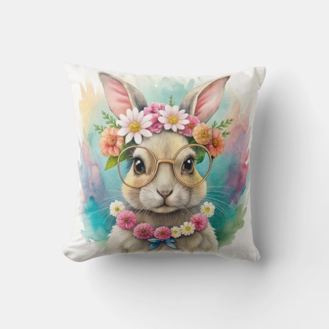 Watercolor Cute Rabbit Wildflowers Kudde (Framsida)