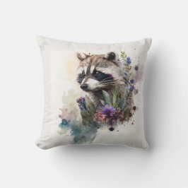 Watercolor Cute Raccoon Spring Flowers        Kudde