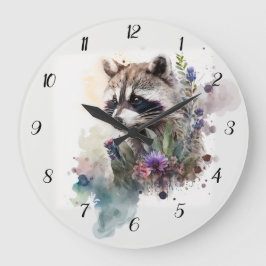 Watercolor Cute Raccoon Spring Flowers       Stor Klocka