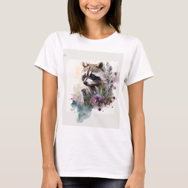 Watercolor Cute Raccoon Spring Flowers        T Shirt (Framsida)