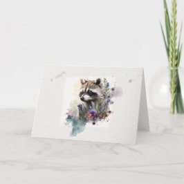 Watercolor Cute Raccoon Vår blommor Kort