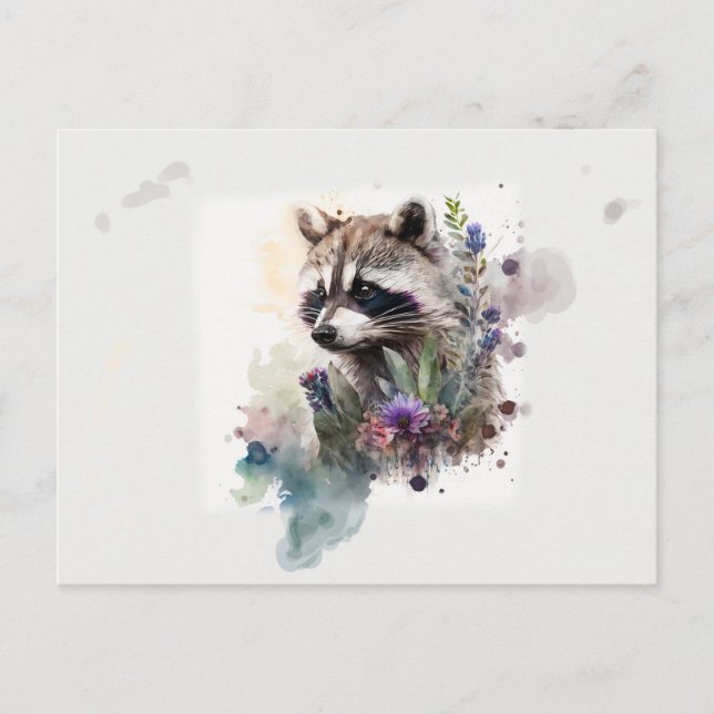 Watercolor Cute Raccoon Vår blommor Vykort (Framsida)