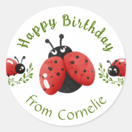 Watercolor Cute Red Ladybug Grattis på födelsedage Runt Klistermärke