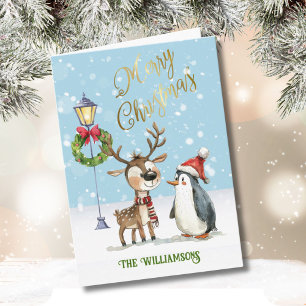 Watercolor Cute Reindeer Julgran Kort