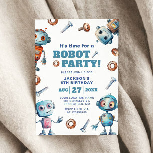 Watercolor Cute Robot Barns födelsedag Inbjudningar
