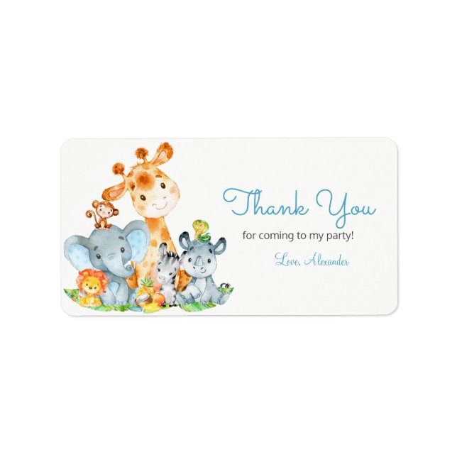 Watercolor Cute Safari Jungle Animals Birthday Adressetikett (Framsidan)