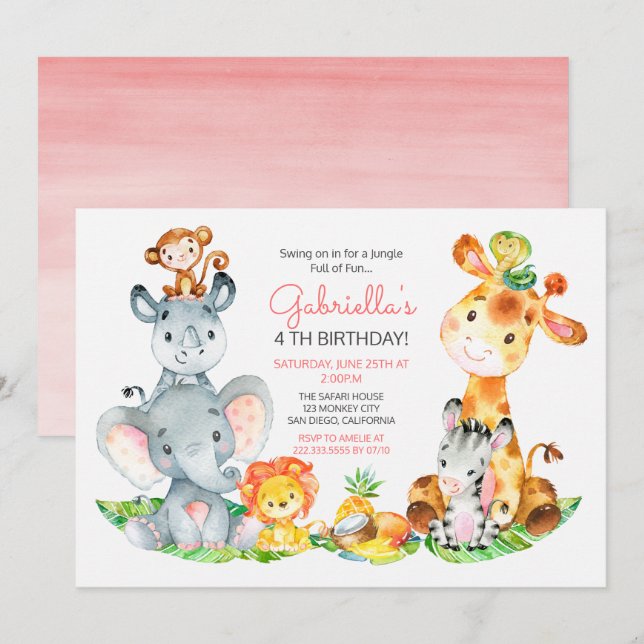Watercolor Cute Safari Jungle Animals Birthday Inbjudningar (Fram/baksida)