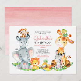 Watercolor Cute Safari Jungle Animals Birthday Inbjudningar