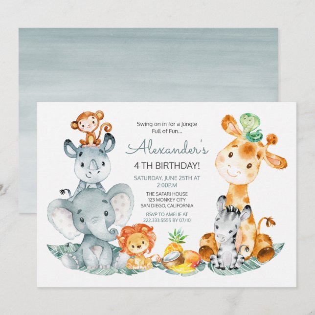 Watercolor Cute Safari Jungle Animals Birthday Inbjudningar (Fram/baksida)