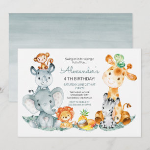 Watercolor Cute Safari Jungle Animals Birthday Inbjudningar