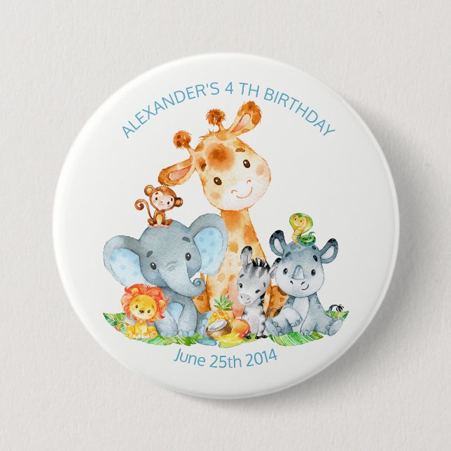 Watercolor Cute Safari Jungle Animals Birthday Knapp (Framsida)