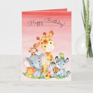 Watercolor Cute Safari Jungle Animals Birthday Kort