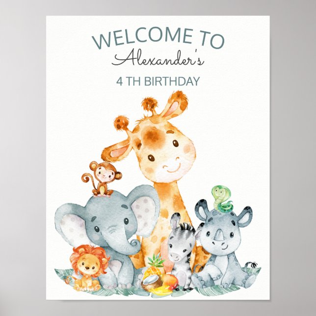 Watercolor Cute Safari Jungle Animals Birthday Poster (Framsidan)