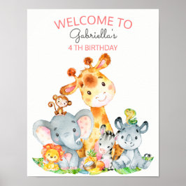Watercolor Cute Safari Jungle Animals Birthday Poster
