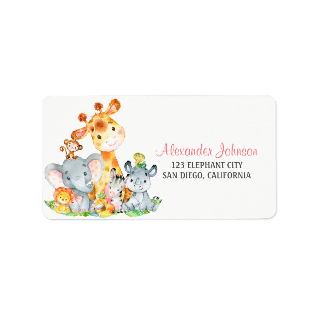 Watercolor Cute Safari Jungle Animals Boy Adressetikett (Framsidan)