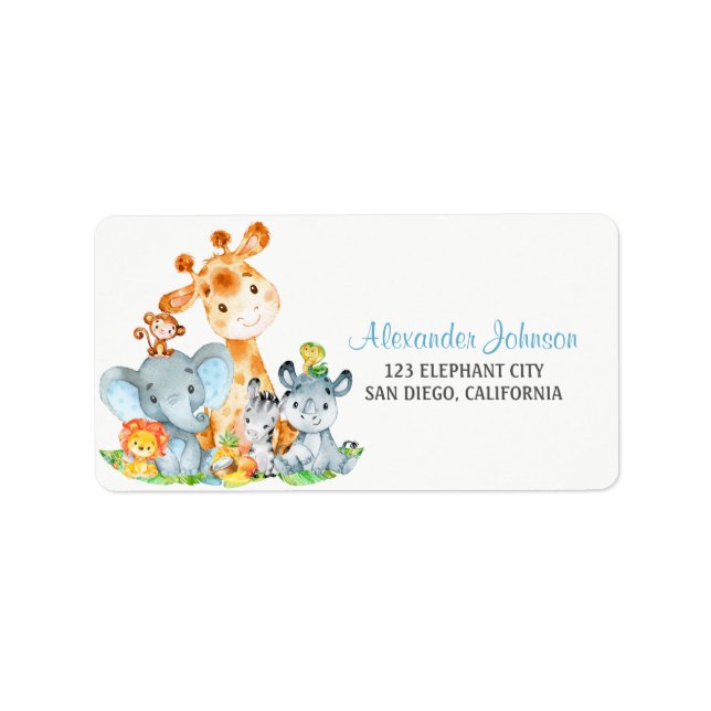 Watercolor Cute Safari Jungle Animals Boy Adressetikett (Framsidan)