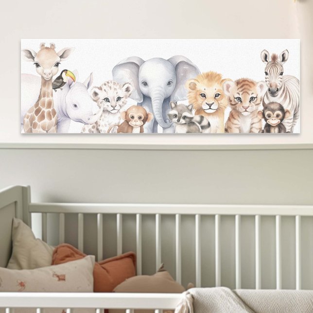 Watercolor Cute Safari Jungle Baby djur Canvastryck (Safari Jungle Animals, Nursery Wall Art Decor for Gender Neutral Nursery Decor)